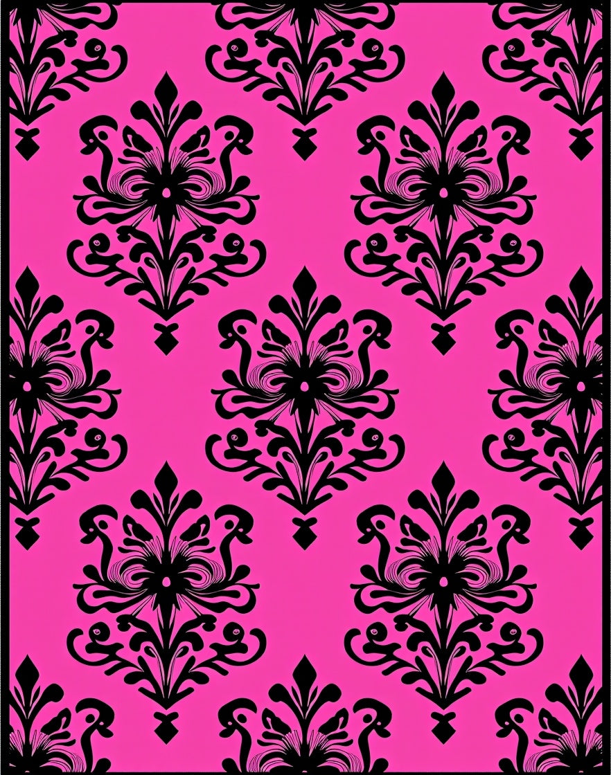 Hot Pink Black Classic Damask Design Rug