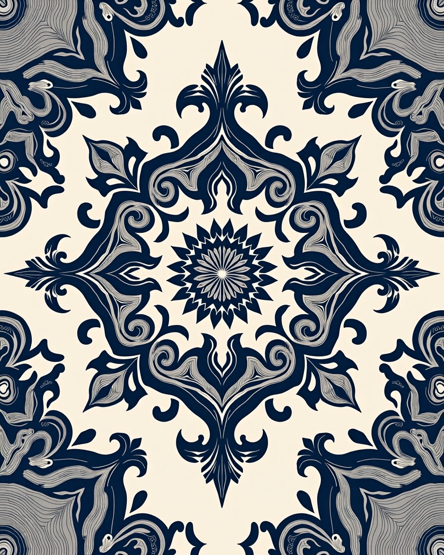 Dark Blue Cream Damask Pattern Rug
