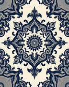 Dark Blue Cream Damask Pattern Rug