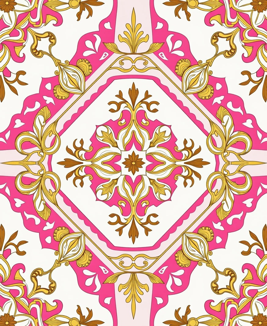 Ornate Pink Gold Floral Pattern Rug