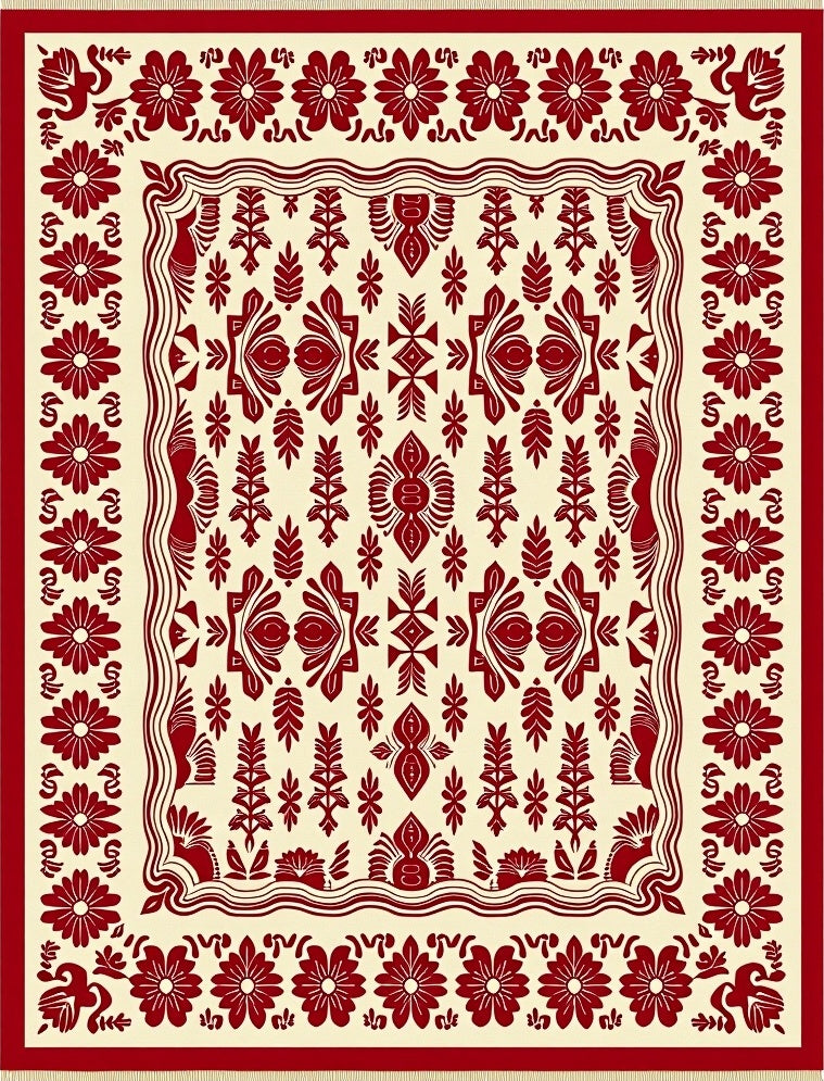 Red Floral Botanical Folk Art Rug