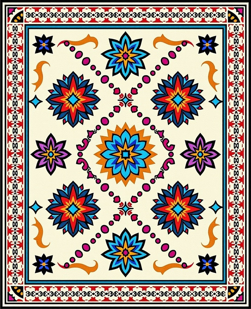 Vibrant Geometric Starburst Floral Pattern Rug
