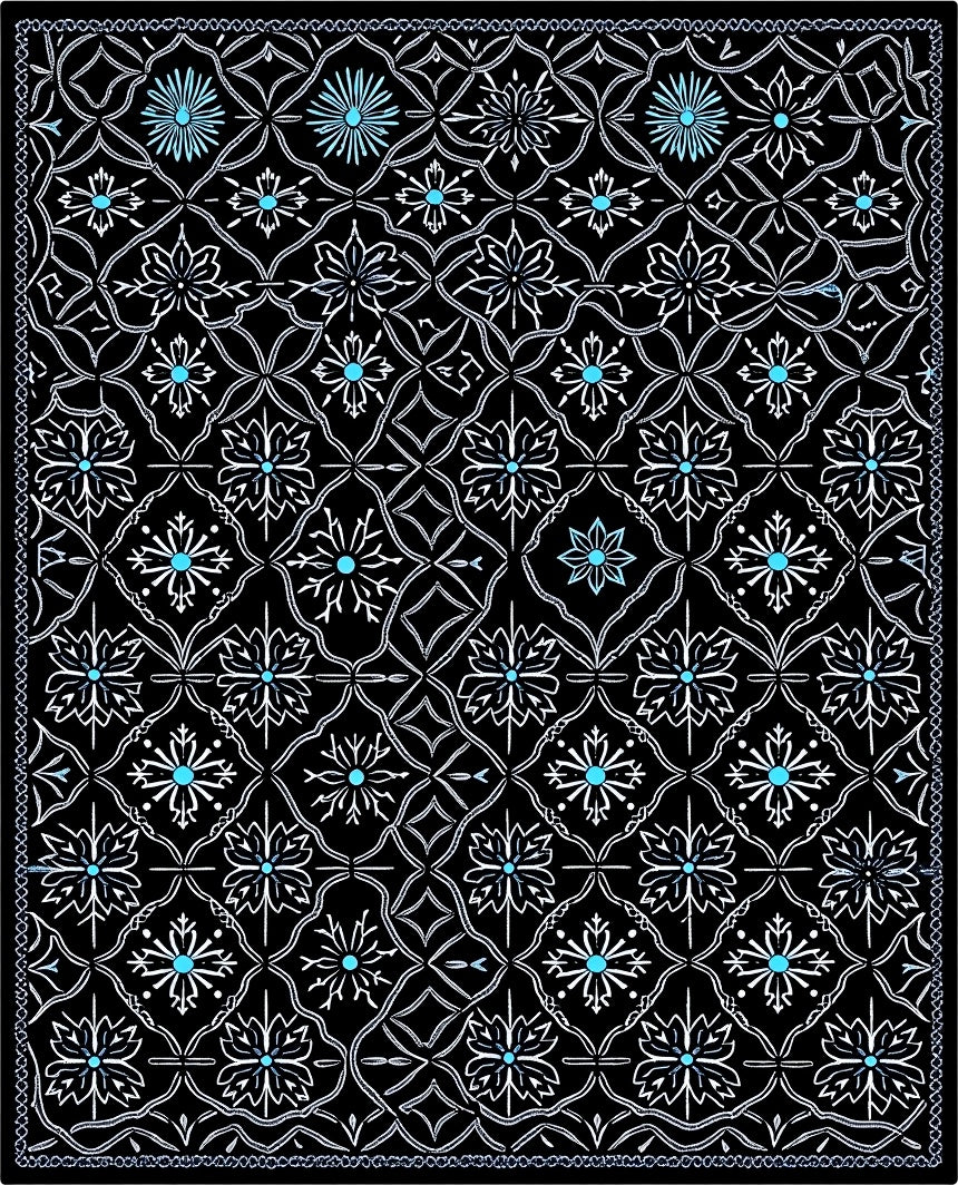 Black White Teal Floral Lattice Rug