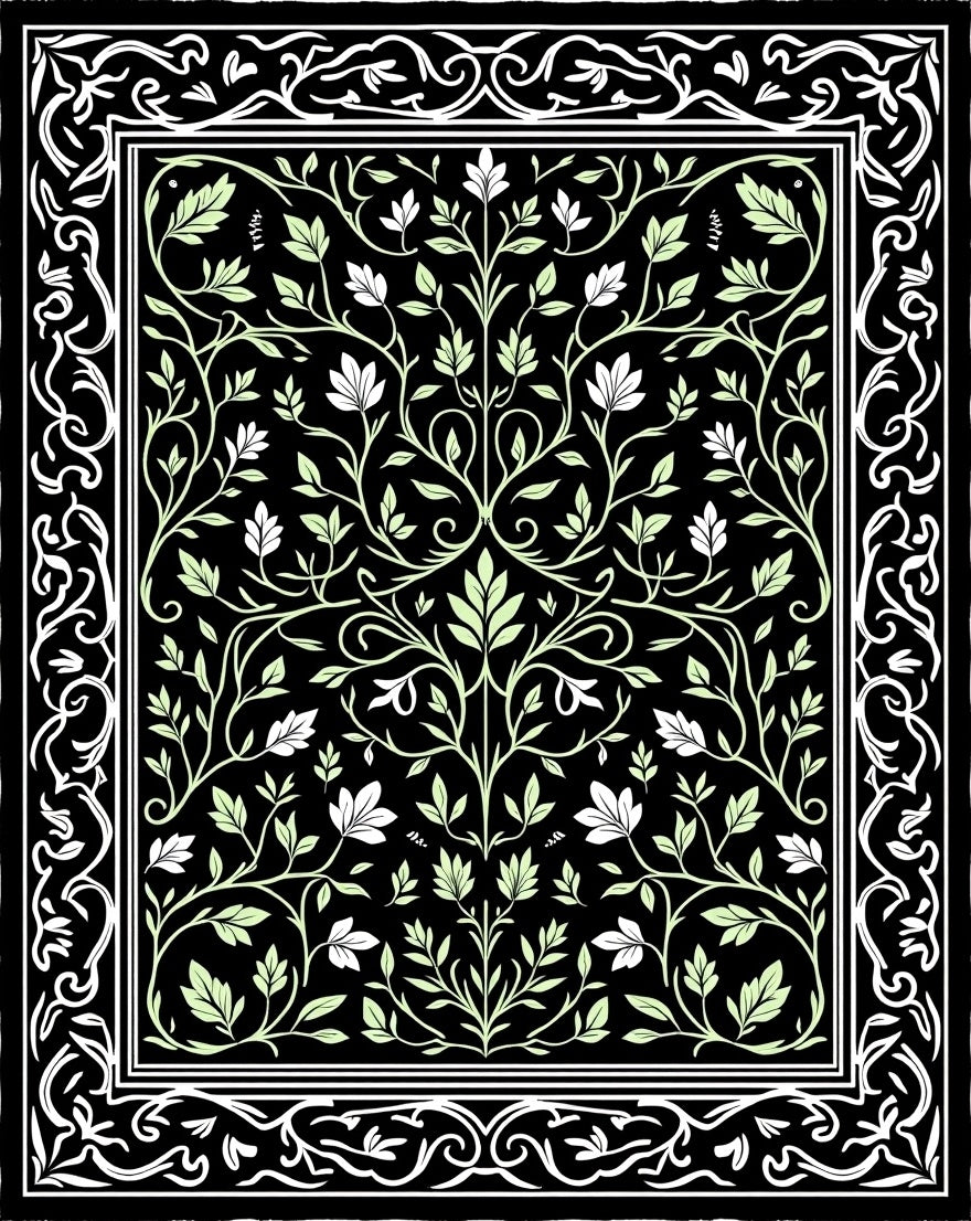 Intricate Floral Vine Black Background Rug