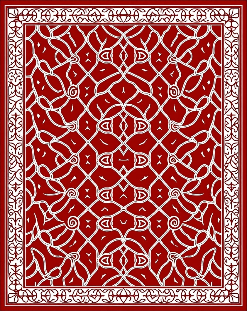 Crimson White Intricate Floral Scroll Design Rug