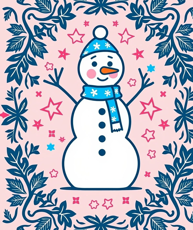 Charming Snowman Floral Border Pink Rug