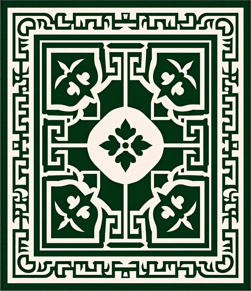Dark Green White Geometric Floral Rug