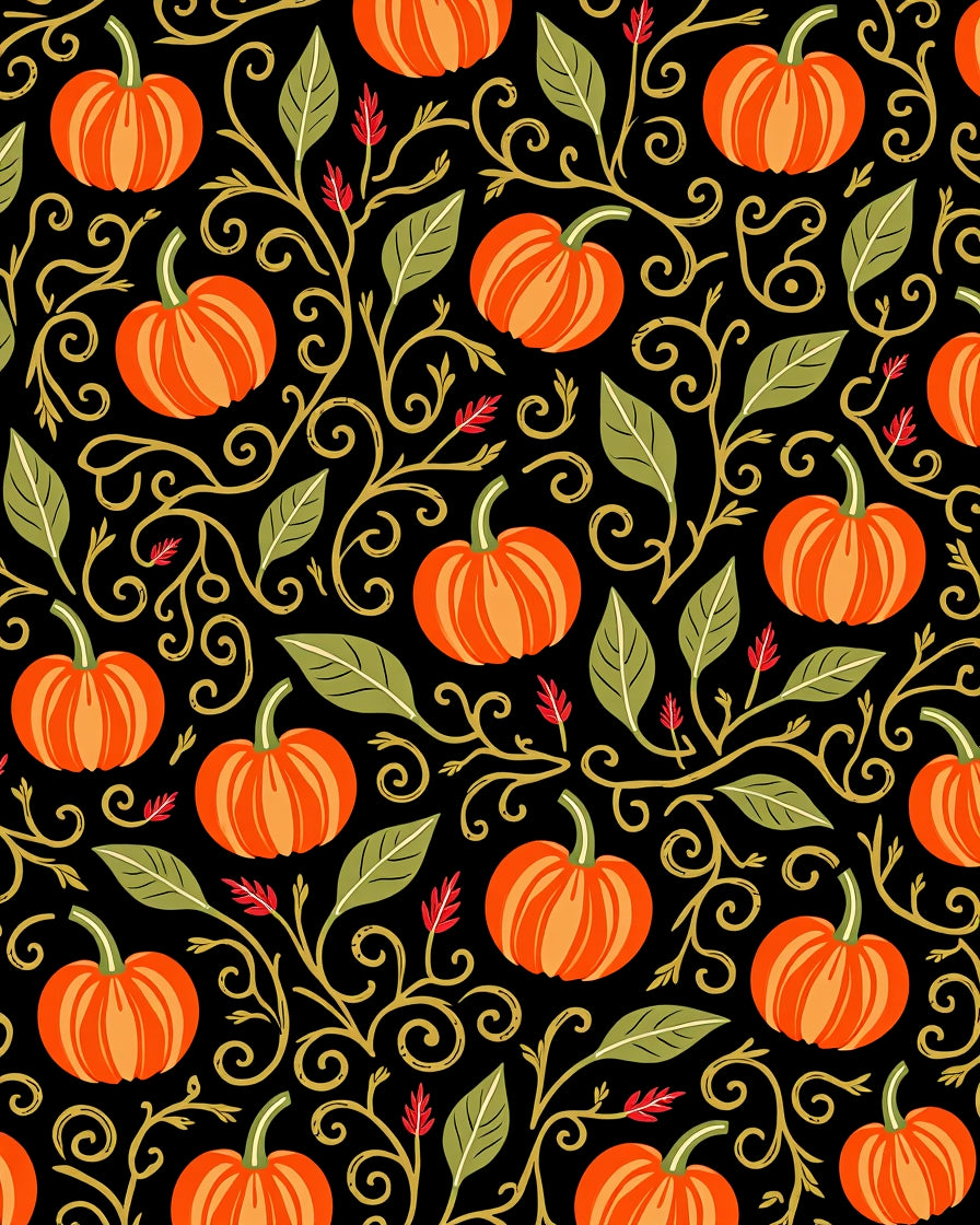 Orange Pumpkin Vine Swirl Black Rug