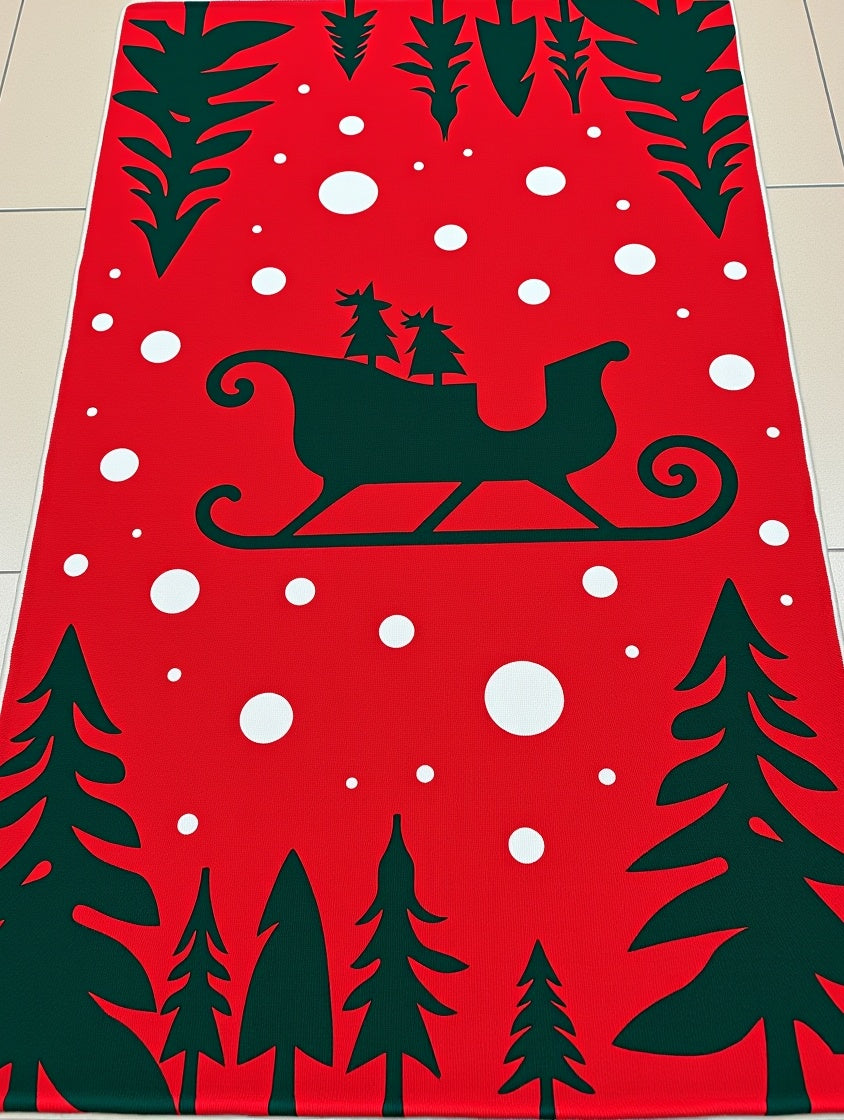 Red Sleigh Pine Trees Snowflakes Rug