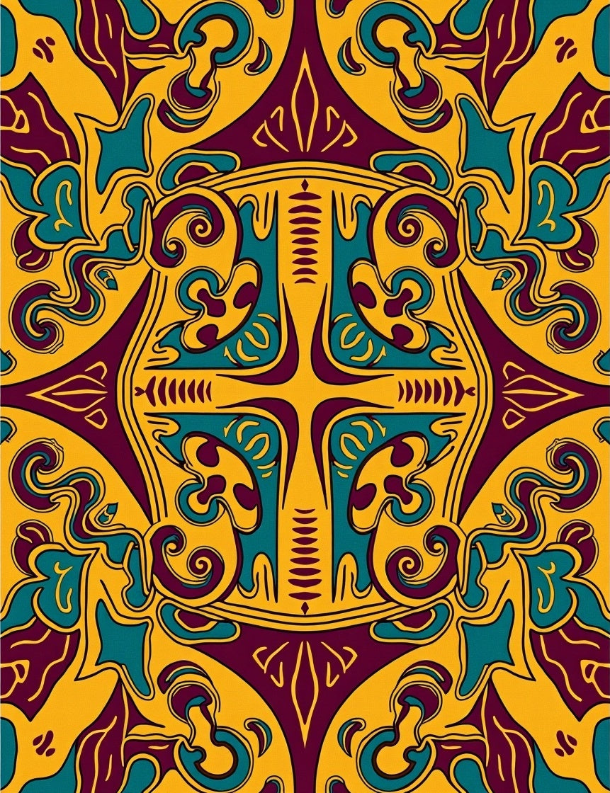 Stylized Yellow Teal Burgundy Medallion Rug