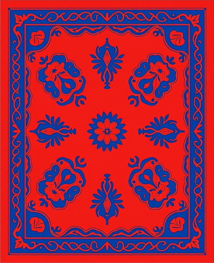 Bold Red Blue Floral Symmetry Rug