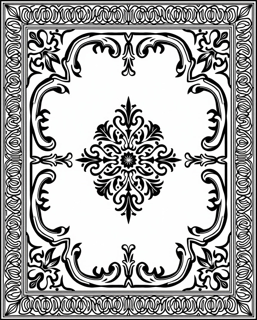Ornate Floral Scrollwork Black White Rug