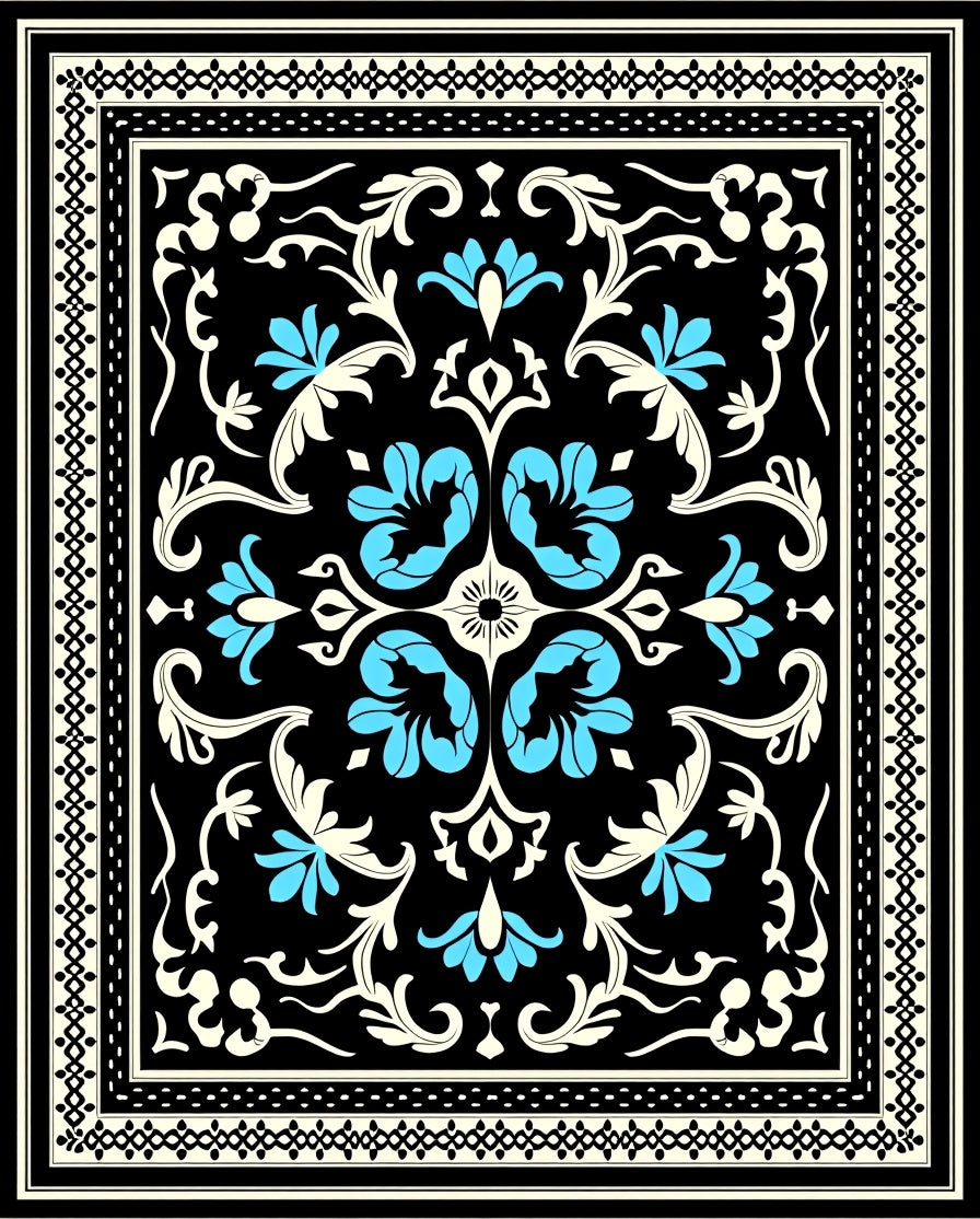 Black Blue Floral Traditional Ornament Rug
