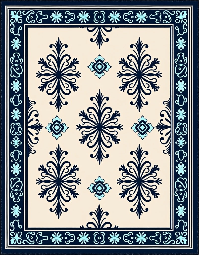 Dark Navy and Teal Floral Damask Rug