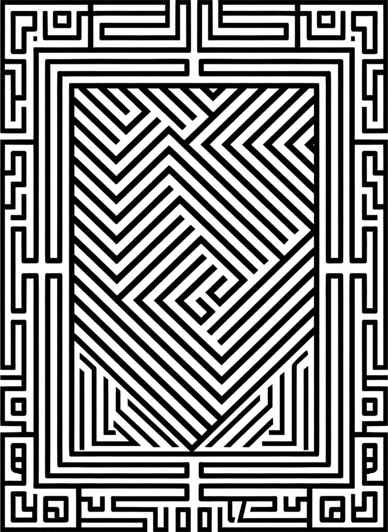 Abstract Maze Pattern Black White Rug