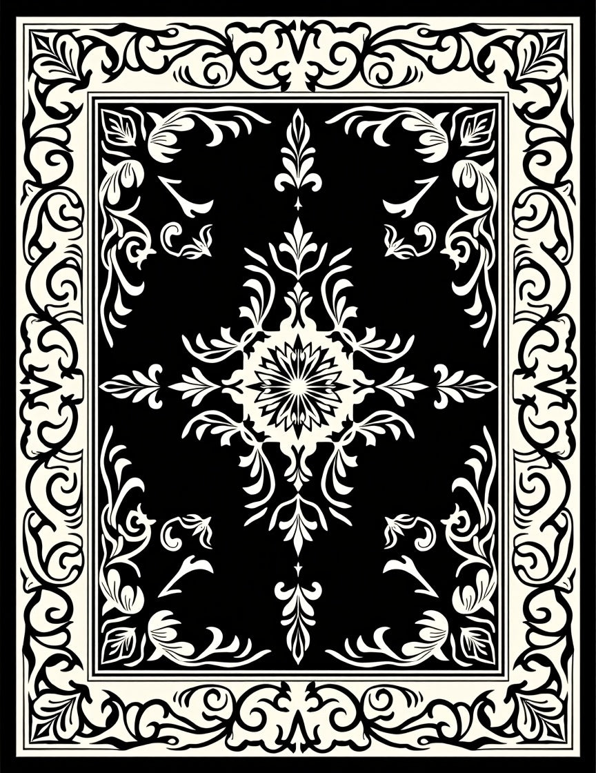 Traditional Black and White Floral Medallion Rug