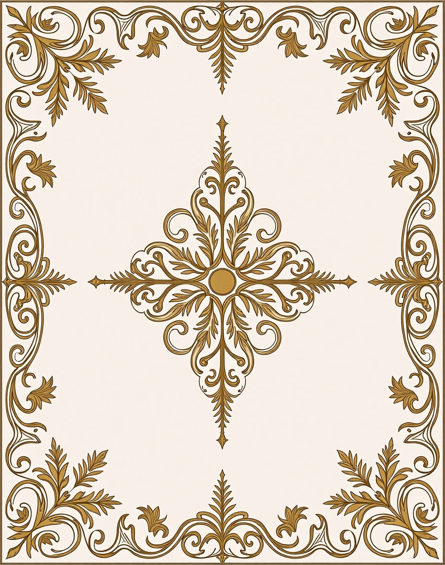 Gold Leaf Scrollwork Square Pattern Rug