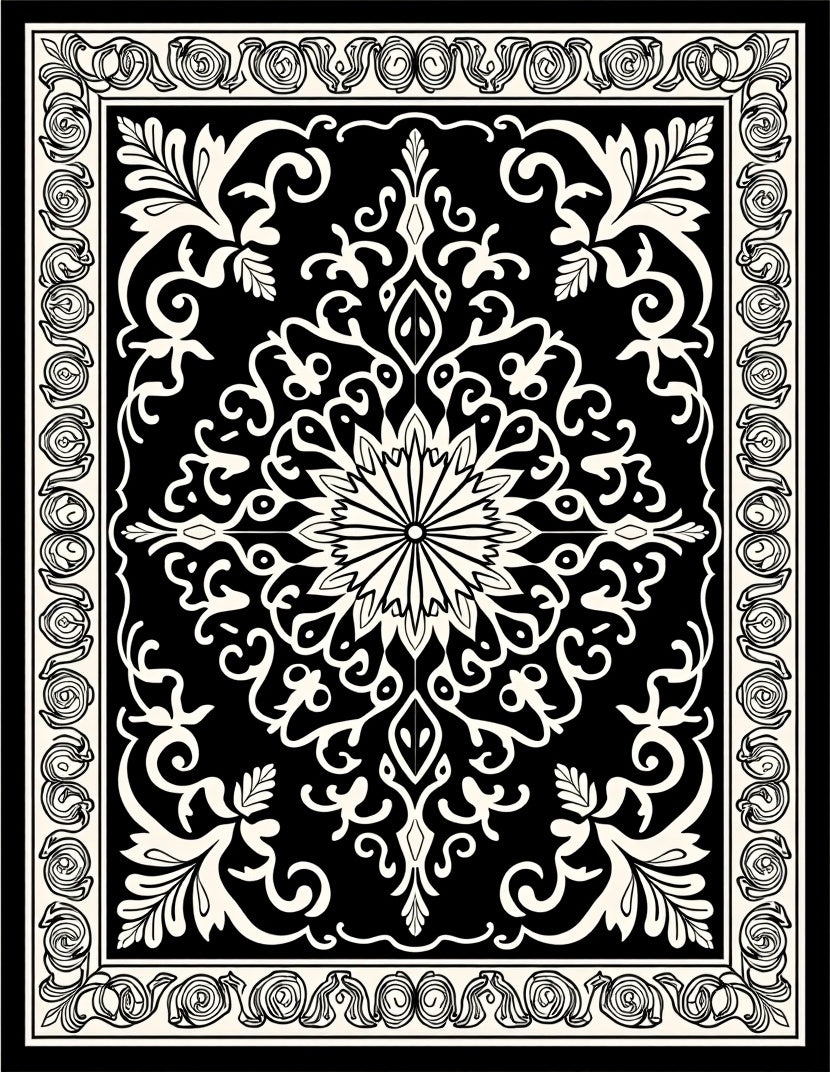 Classic Black White Floral Damask Rug