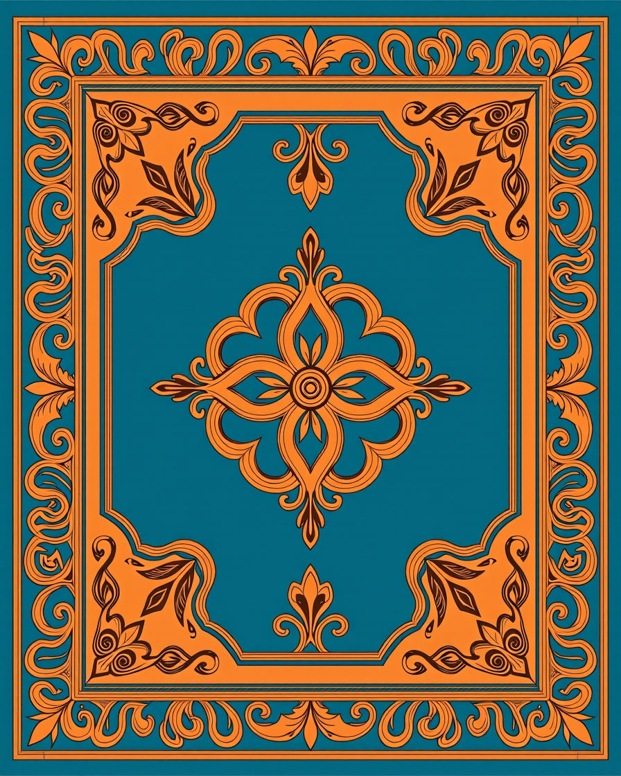 Intricate Orange Floral Teal Design Rug