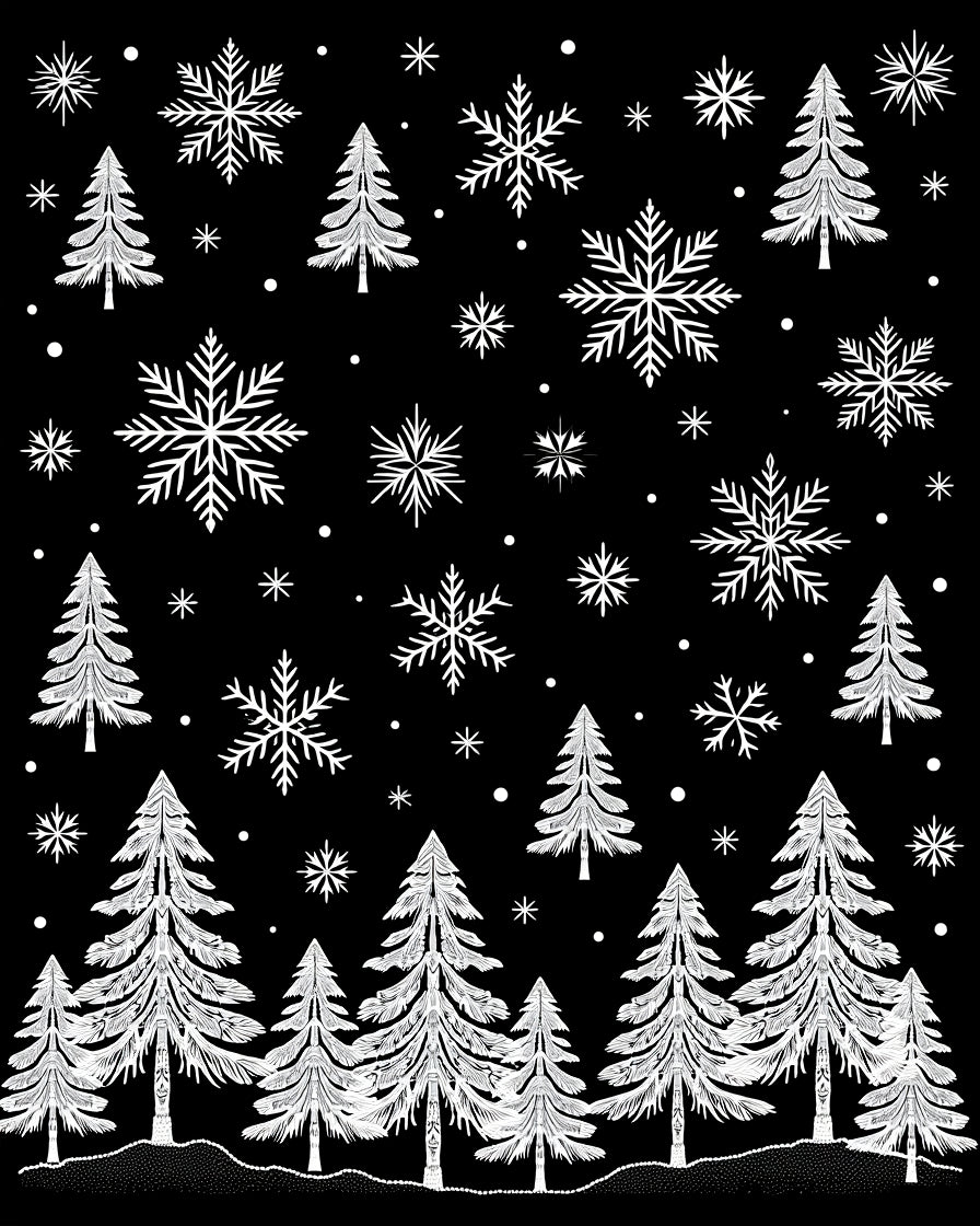 White Snowflakes and Pine Trees Rug