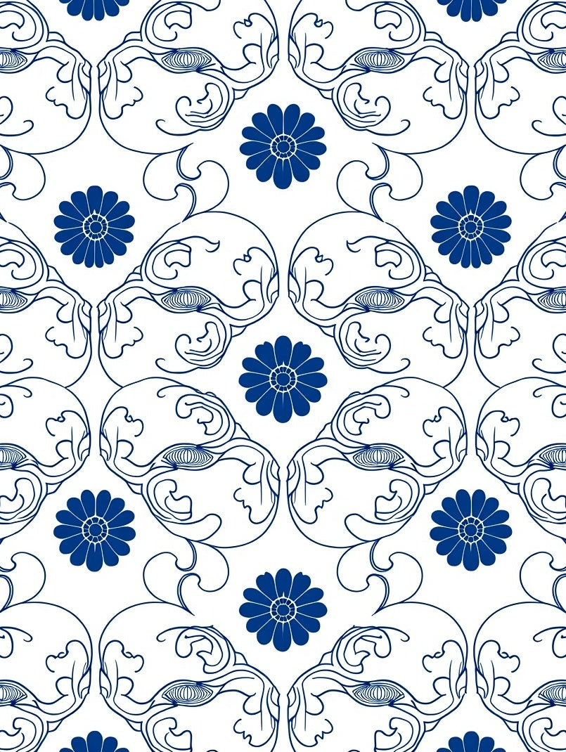 Blue Floral Intricate Scroll Pattern Rug