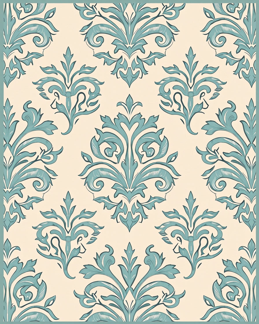 Elegant Teal Damask Floral Pattern Rug