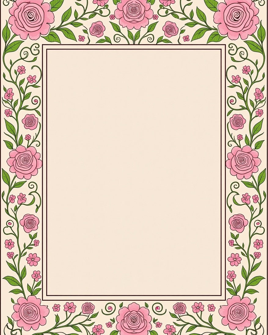 Floral Vines With Pink Roses Border Rug