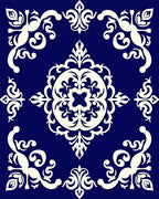 Elegant Blue Ivory Scrollwork Damask Rug