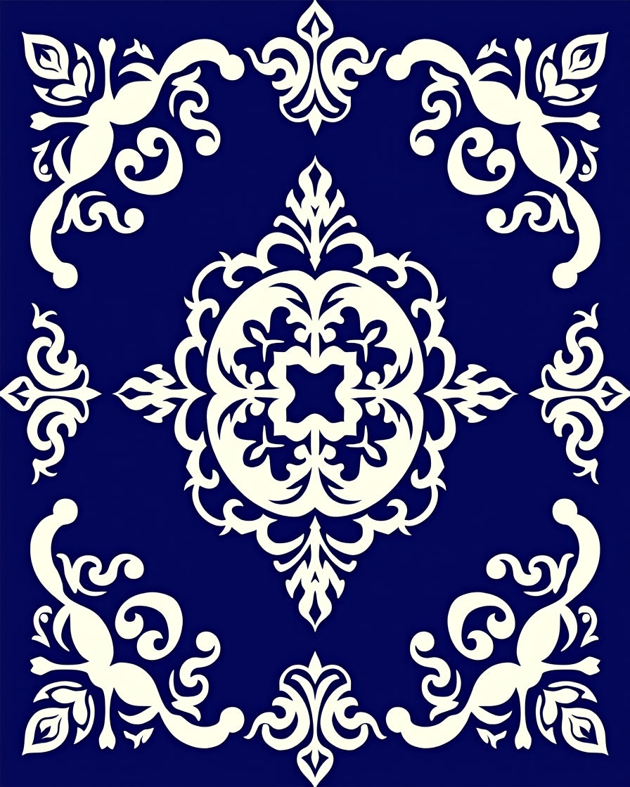 Elegant Blue Ivory Scrollwork Damask Rug