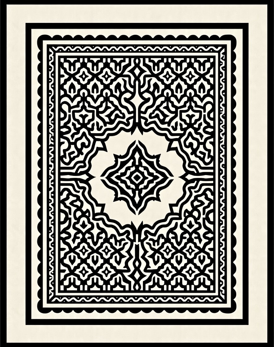 Black White Intricate Geometric Pattern Rug