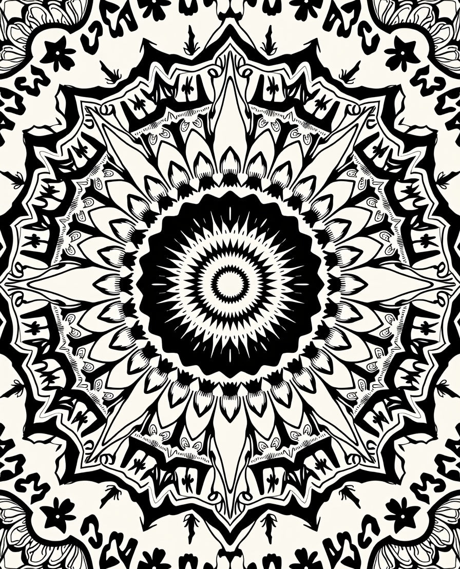 Intricate Black and White Mandala Pattern Rug