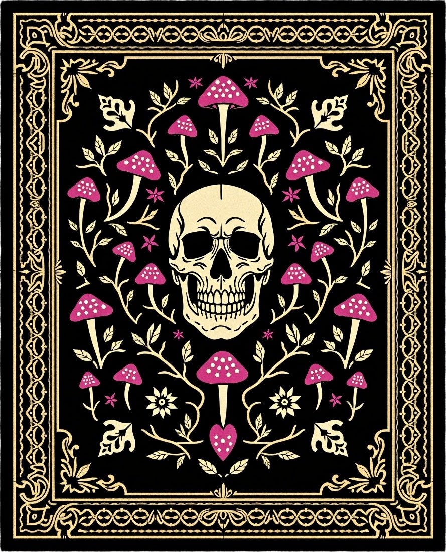 Dark Skull Mushroom Floral Pattern Rug