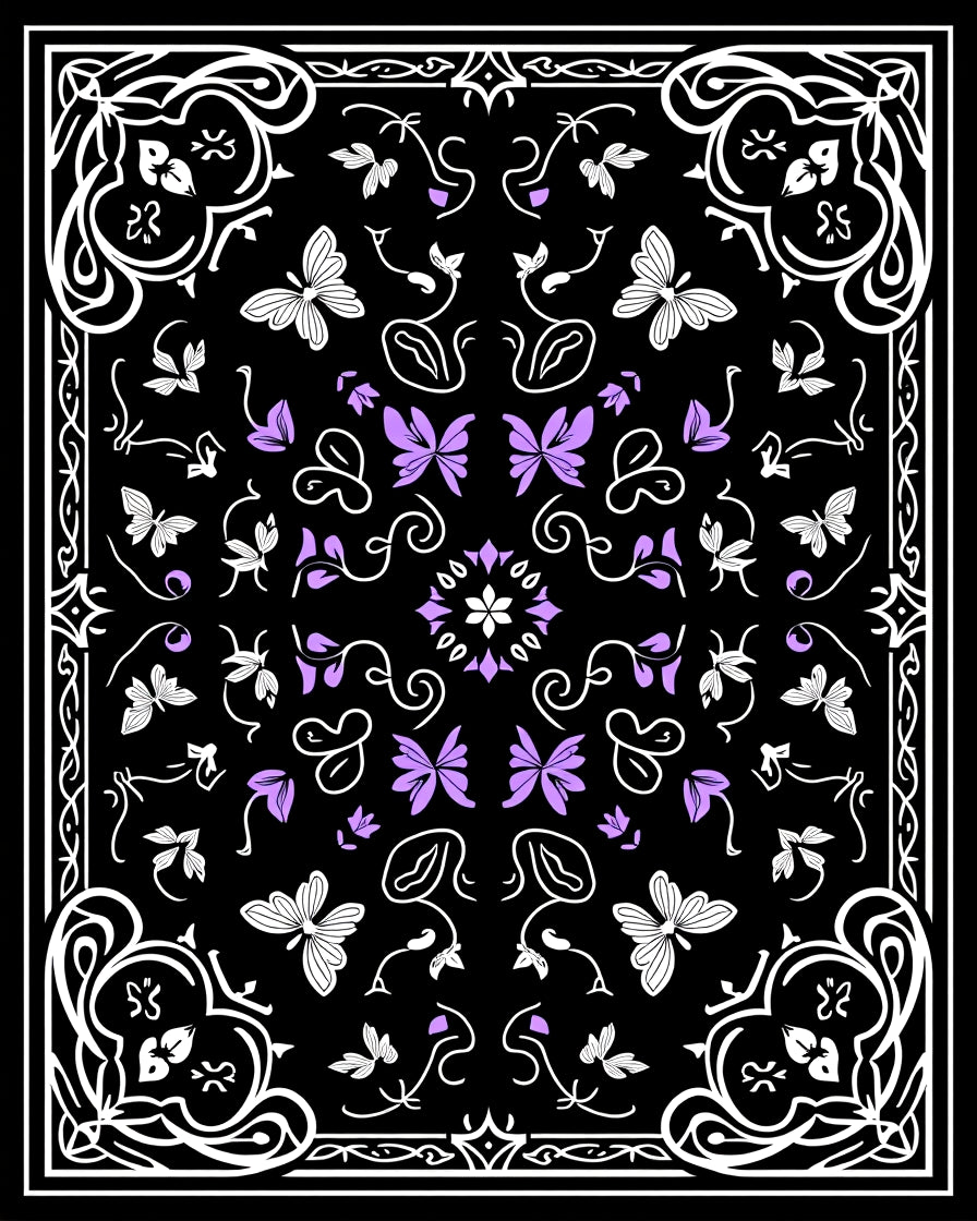 Black Whimsical Butterfly Floral Pattern Rug