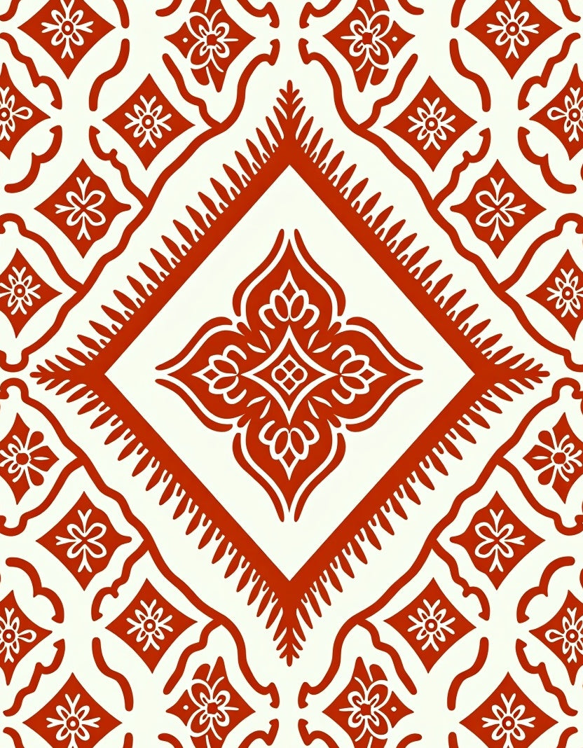 Red Floral Medallion Geometric Pattern Rug