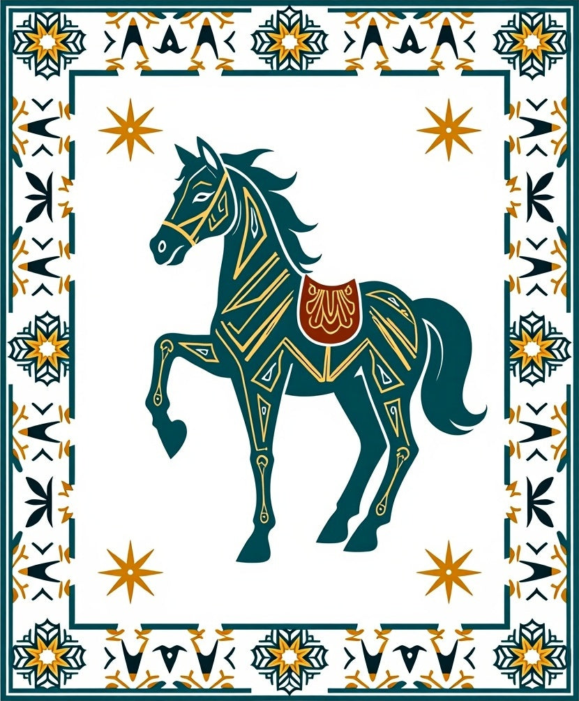 Dark Blue Horse Geometric Border Design Rug