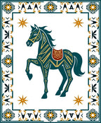 Dark Blue Horse Geometric Border Design Rug
