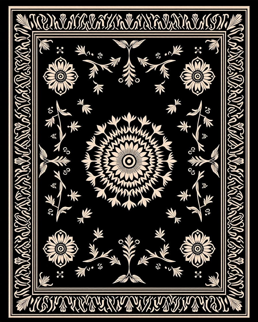 Classic Black Floral Sunburst Border Rug