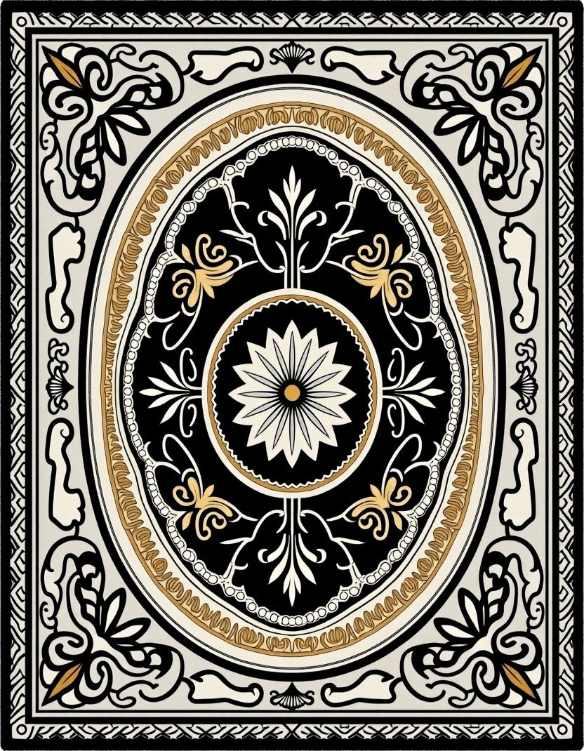 Ornate Floral Black Gold Cream Rug