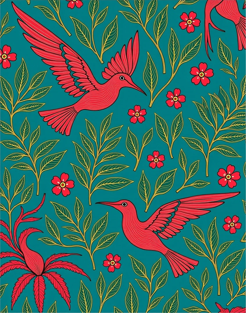 Red Humminbirds Floral Teal Pattern Rug