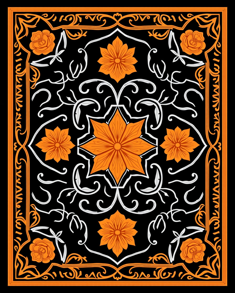 Orange Floral Black Whimsical Pattern Rug