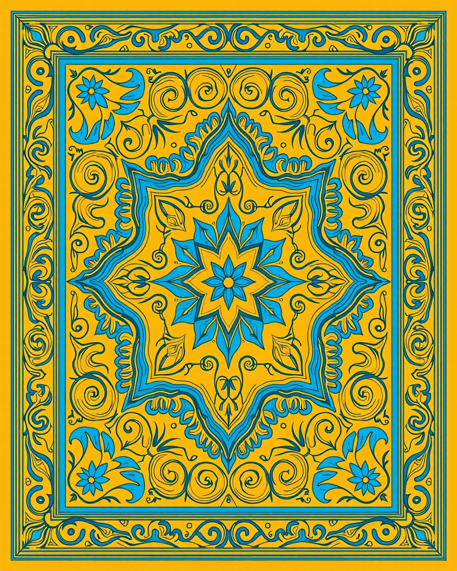 Golden Sunburst Floral Border Rug