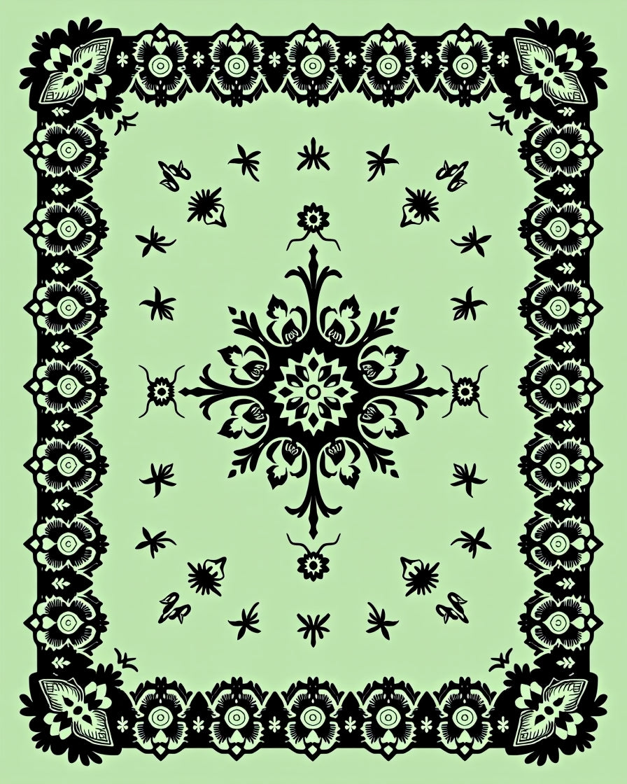 Ornate Floral Mandala Black Light Green Rug