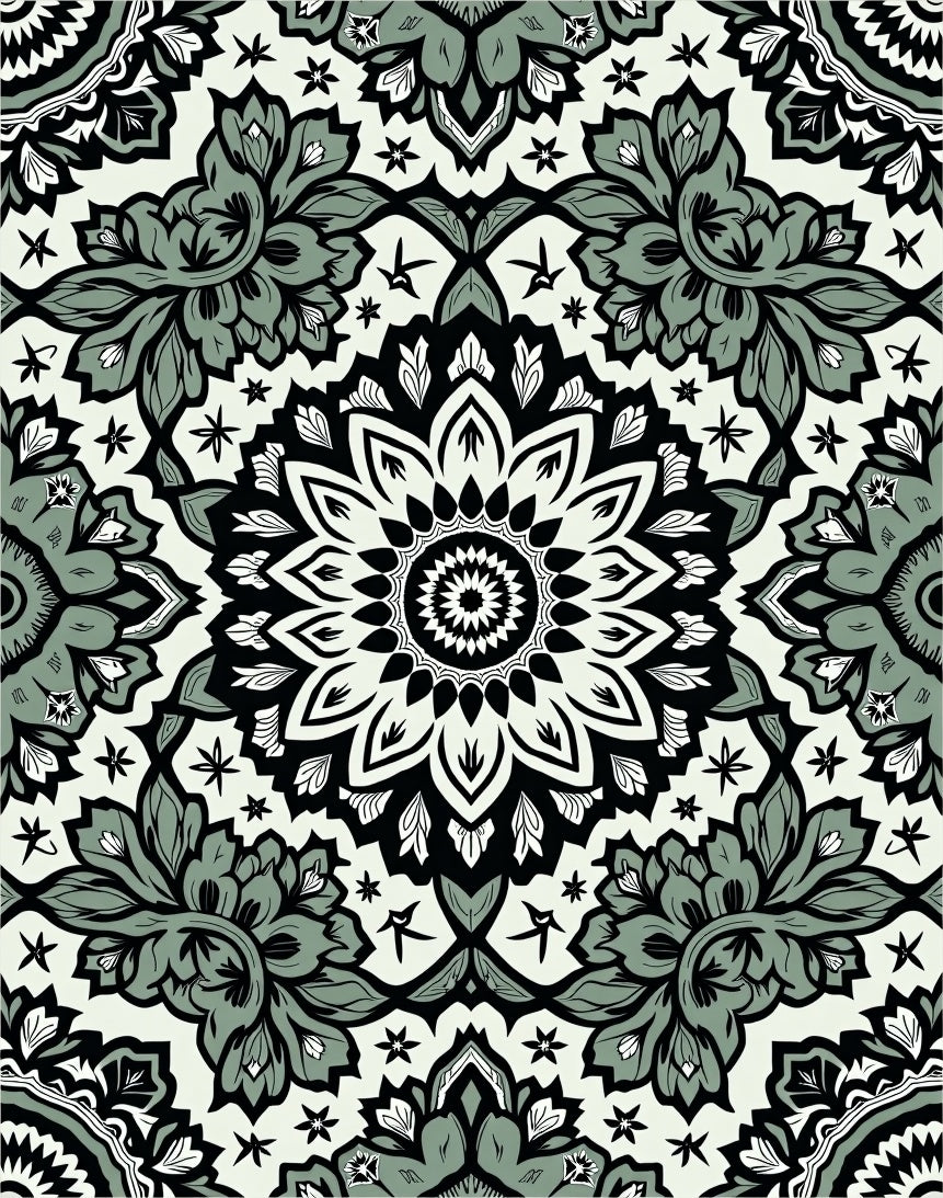Monochrome Floral Mandala Pattern Rug