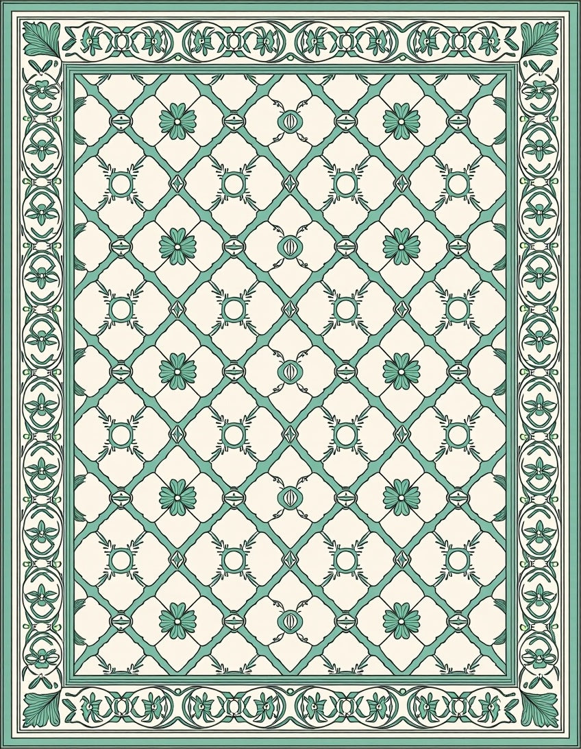 Mint Green Lattice Floral Art Deco Rug