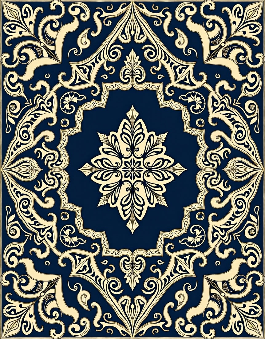 Elegant Cream Navy Ornate Pattern Rug