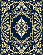 Elegant Cream Navy Ornate Pattern Rug