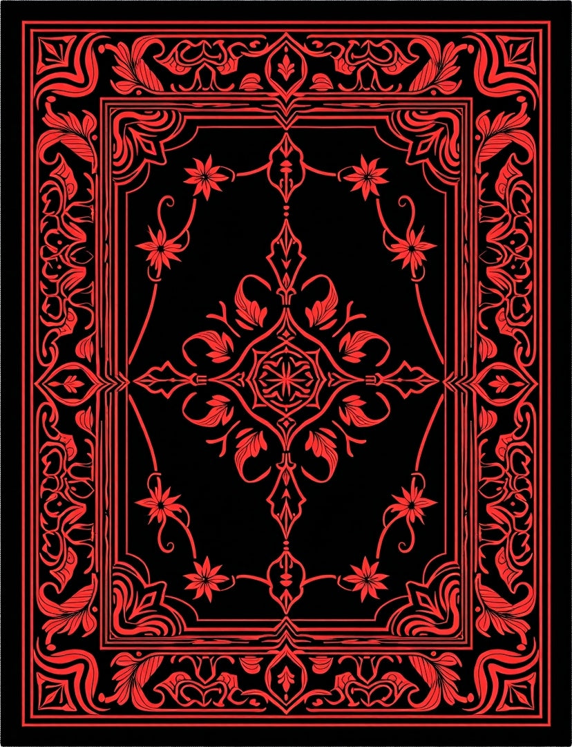 Ornate Red Floral Scroll Pattern Rug