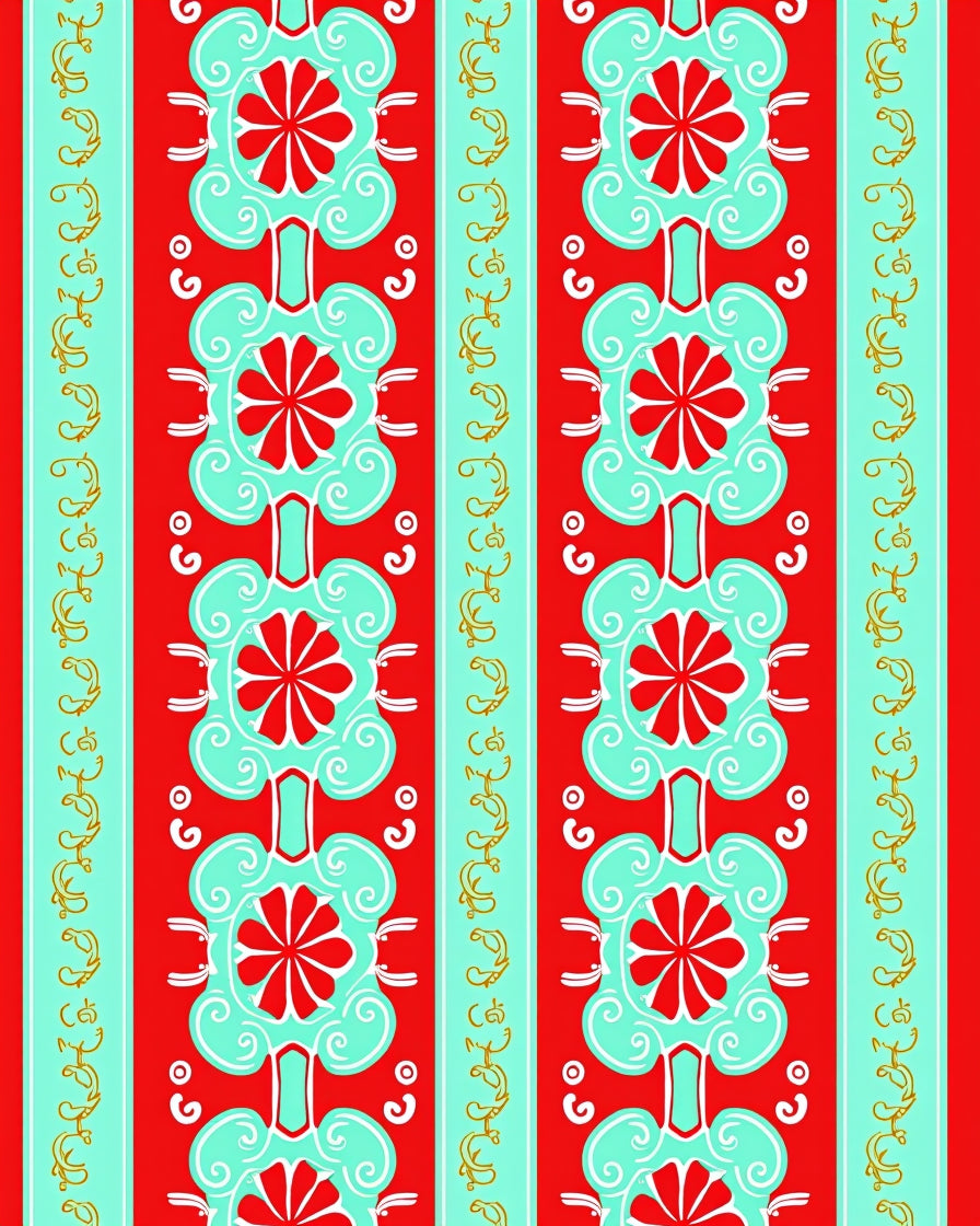 Red Aqua Floral Stripe Medallions Rug