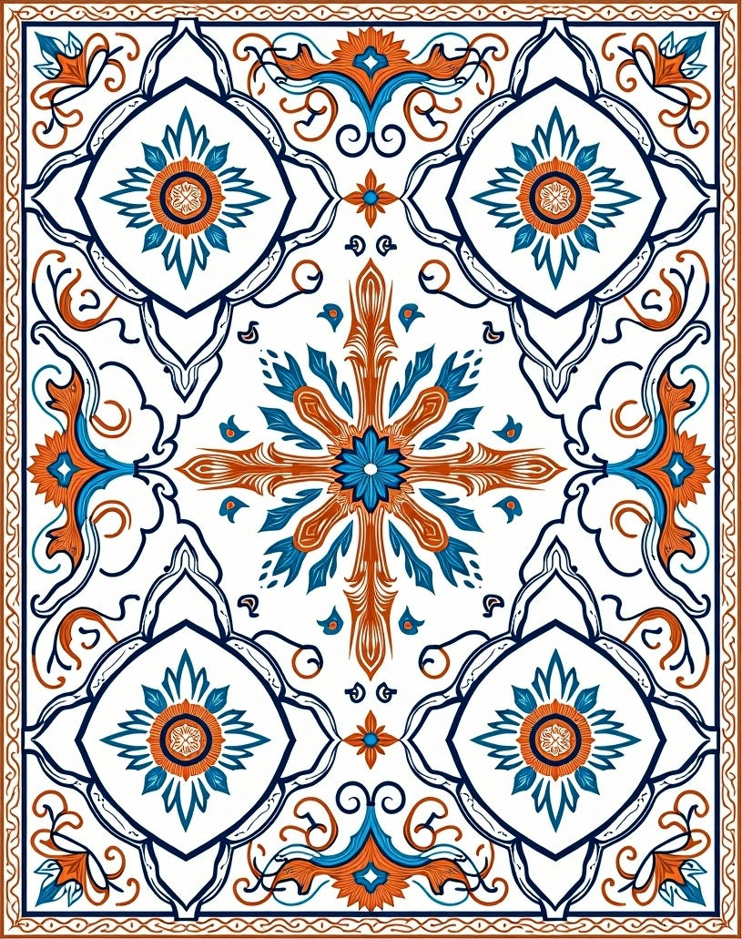Orange Blue Floral Mandala Design Rug