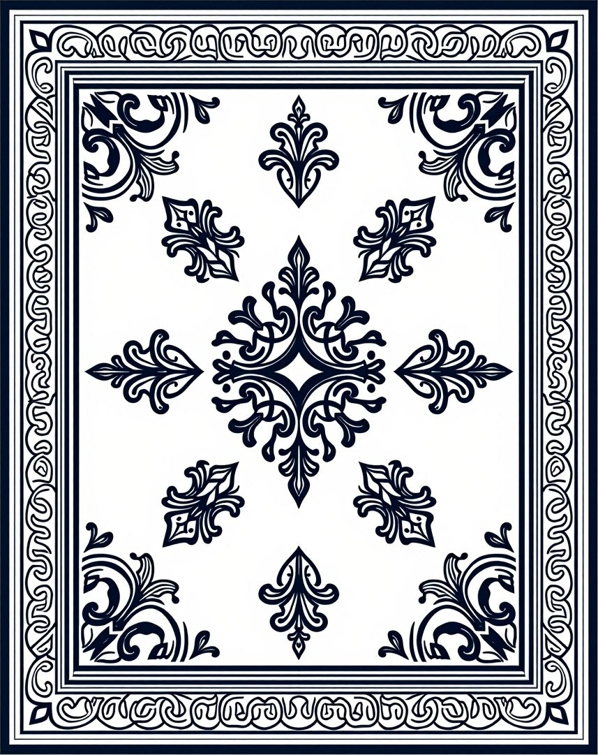 Ornate Black And White Floral Pattern Rug
